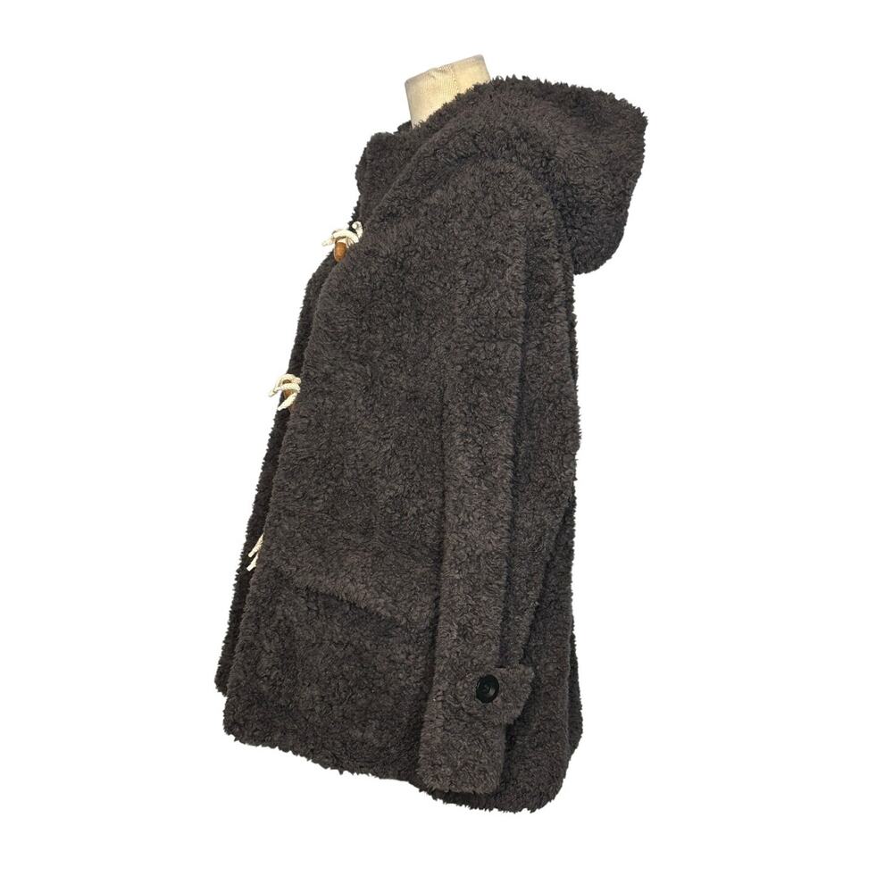 Women’s 100% Wool Toggle Coat Hooded Brown Textured Teddy Duffle Jacket Size S - Picture 9 of 13
